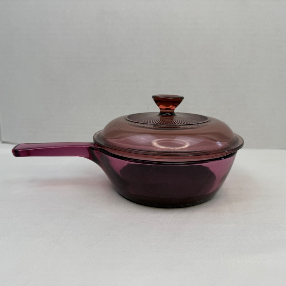 Vision Corning Cranberry Glass Skillet Saucepan with Pyrex V1C Lid Non-Stick
